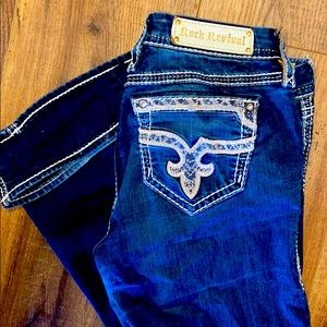 Rock revival dark tone denim low rise